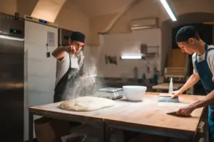 Zwei Bäcker bei der Arbeit in einer Backstube, während Mehl auf frischen Teig gestreut wird