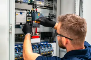 Elektriker bei der Arbeit an einem offenen Schaltschrank, mit Schraubendreher und Schutzhandschuhen
