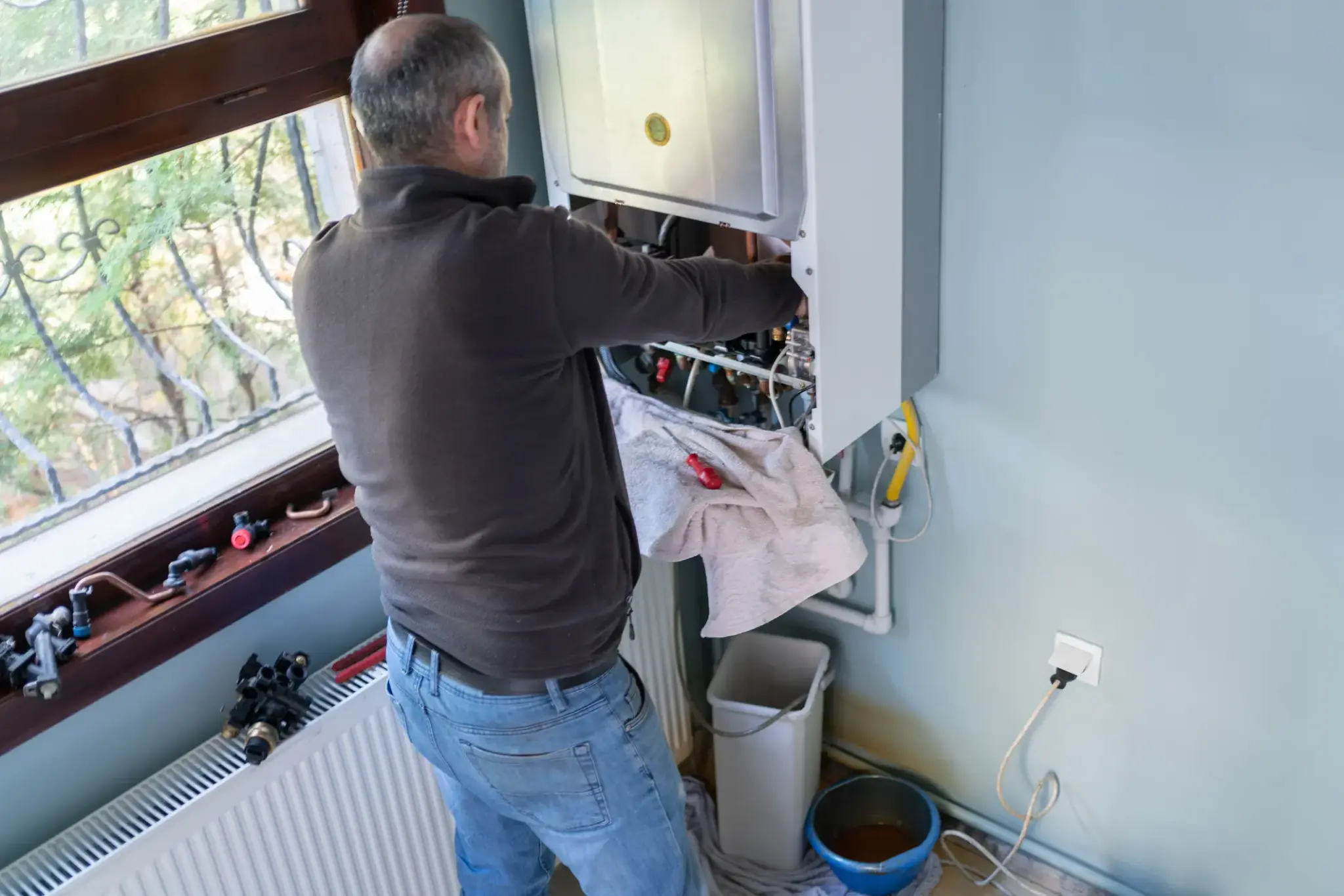 Monteur bei der Reparatur einer defekten Heizungsanlage – Blick auf geöffnete Heiztherme, Werkzeug, Wassereimer und Arbeitsmaterial im Raum.