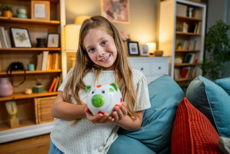 Mädchen hält ein Sparschwein in den Händen – Symbolbild für finanzielle Vorsorge und Absicherung von Kindern