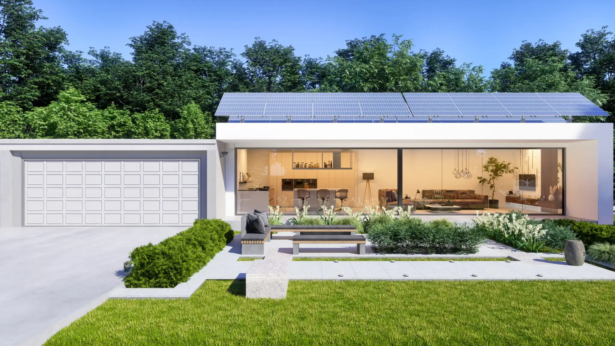 Moderner Flachbau-Bungalow mit großem Fenster, Solaranlage auf dem Dach und gepflegtem Vorgarten