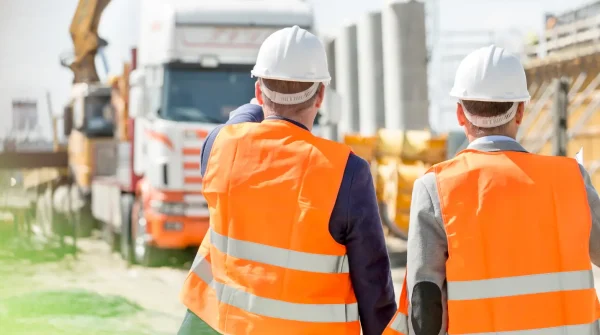 Zwei Bauleiter mit Warnwesten und Schutzhelmen auf einer Baustelle – Symbolbild für Bauleistungsversicherung bei Schäden am Bau.
