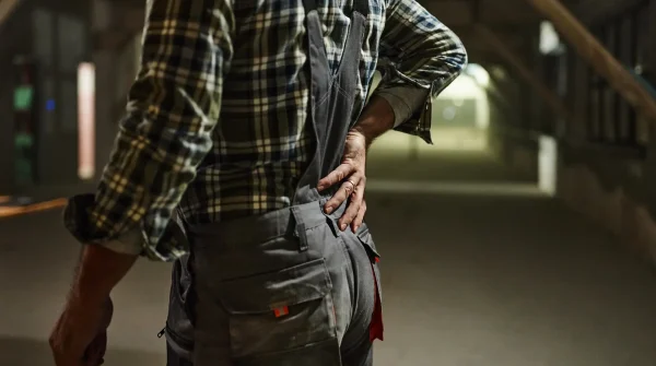 Arbeiter in Latzhose fasst sich an den schmerzenden Rücken – symbolisiert körperliche Belastung und mögliche Erwerbsunfähigkeit im Beruf