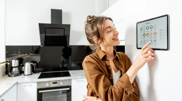 Frau in moderner Küche bedient ein Smart-Home-Bedienfeld an der Wand, smarte Steuerung und Technik im Alltag