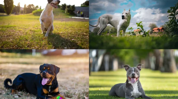 Vier verschiedene Listenhunde-Rassen im Porträt: Bullterrier, Dogo Argentino, Rottweiler und American Staffordshire Terrier auf Wiesen.