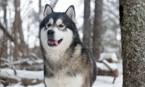 Ein Alaskan Malamute steht mit offenem Maul im verschneiten Wald – dichter Pelz, aufgerichtete Ohren und freundlicher Blick.