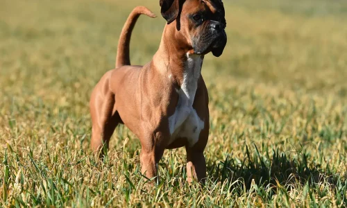 Deutscher Boxer steht aufmerksam auf einer grünen Wiese und blickt konzentriert nach vorn bei Sonnenlicht