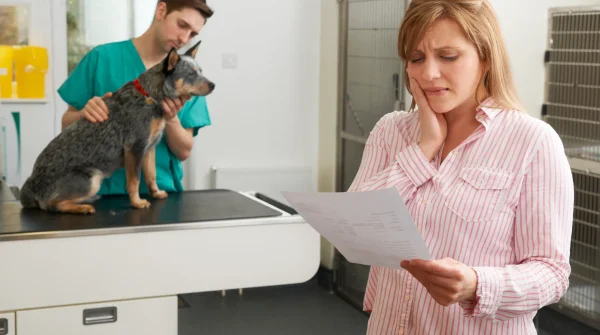 Besorgte Hundebesitzerin liest Tierarztrechnung, während Tierarzt den Hund untersucht – Sorge wegen hoher Tierarztkosten.