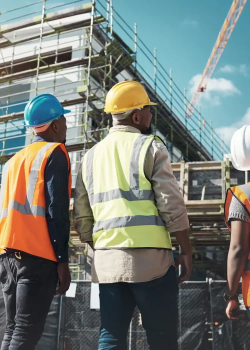 Bauarbeiter mit Schutzkleidung vor einer großen Baustelle mit Gerüst und Kran
