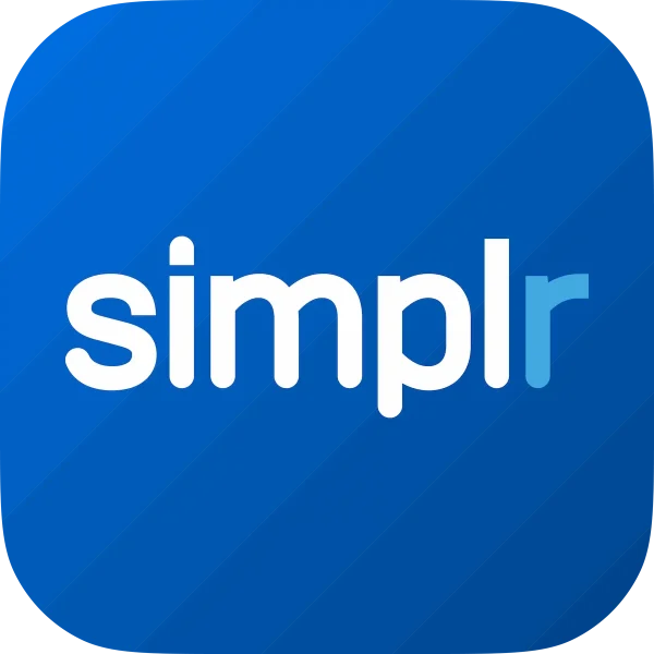 Blaues App-Icon mit dem weißen Schriftzug „simplr“ auf diagonaler Verlaufstruktur.